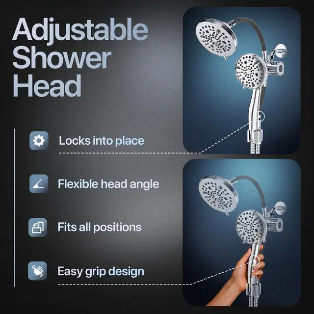 Alt view image 6 of 7 - AQUAZEN® Dual Shower Head Combo | Adjustable Rainfall + Handheld Shower | 6 Spray Modes Each | Flexible Mount & Swivel Heads | 5ft Stainless Steel Hose | Premium Nickel Finish | Fits All US Showers