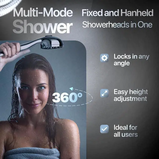 Alt view image 7 of 7 - AQUAZEN® Dual Shower Head Combo | Adjustable Rainfall + Handheld Shower | 6 Spray Modes Each | Flexible Mount & Swivel Heads | 5ft Stainless Steel Hose | Premium Nickel Finish | Fits All US Showers