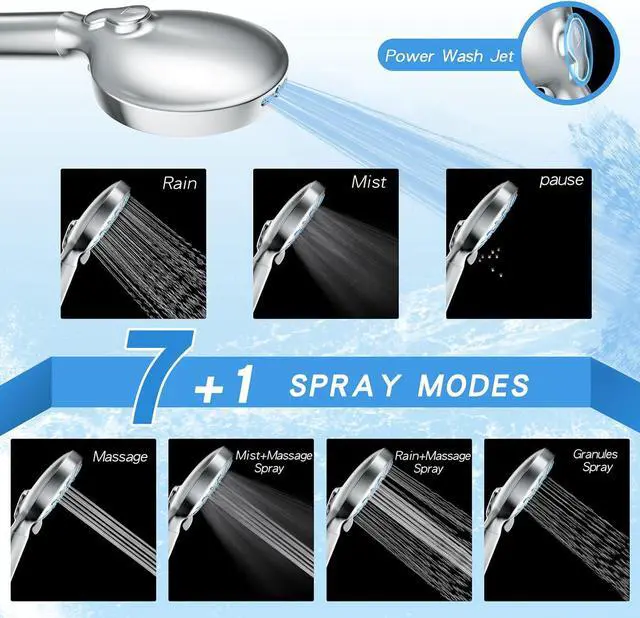 Alt view image 6 of 7 - VXV 5 Inch Filtered Shower Head with Handheld, Removes Chlorine & Hard Water, High Pressure 8-Mode, Built in Power Wash, Showerhead with 71" Shower Hose & Shower Bracket(Chrome)