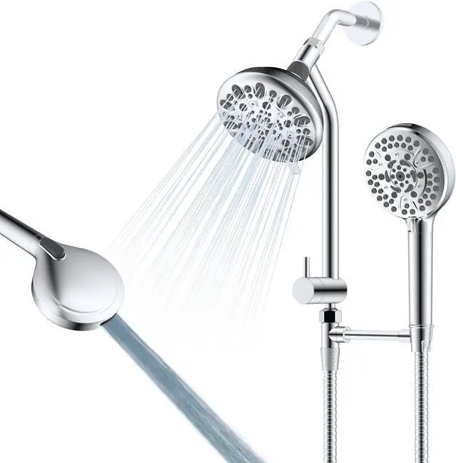 Main image of Metal Dual Shower Head Easy Reach, High Pressure 10-Spray Handheld Showerhead Rainfall Shower Head Combo with 11" Shower Extension Arm, 71" Hose, 3-way Diverter, Brass Shower Holder, Chrome