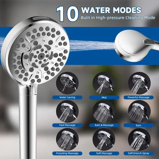 Alt view image 2 of 7 - Metal Dual Shower Head Easy Reach, High Pressure 10-Spray Handheld Showerhead Rainfall Shower Head Combo with 11" Shower Extension Arm, 71" Hose, 3-way Diverter, Brass Shower Holder, Chrome