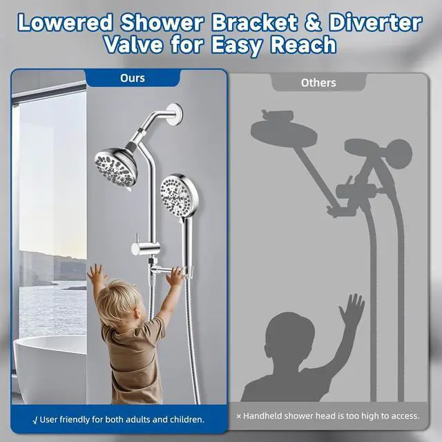 Alt view image 5 of 7 - Metal Dual Shower Head Easy Reach, High Pressure 10-Spray Handheld Showerhead Rainfall Shower Head Combo with 11" Shower Extension Arm, 71" Hose, 3-way Diverter, Brass Shower Holder, Chrome
