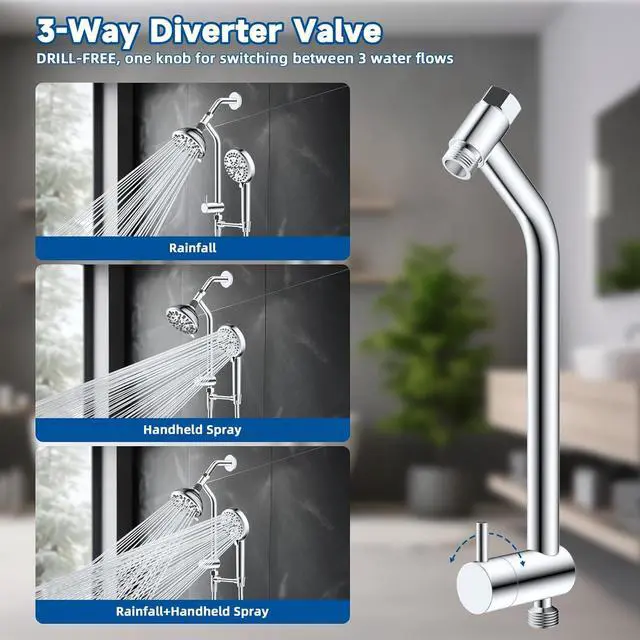 Alt view image 4 of 7 - Metal Dual Shower Head Easy Reach, High Pressure 10-Spray Handheld Showerhead Rainfall Shower Head Combo with 11" Shower Extension Arm, 71" Hose, 3-way Diverter, Brass Shower Holder, Chrome