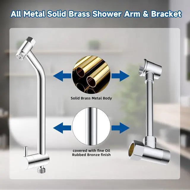 Alt view image 6 of 7 - Metal Dual Shower Head Easy Reach, High Pressure 10-Spray Handheld Showerhead Rainfall Shower Head Combo with 11" Shower Extension Arm, 71" Hose, 3-way Diverter, Brass Shower Holder, Chrome