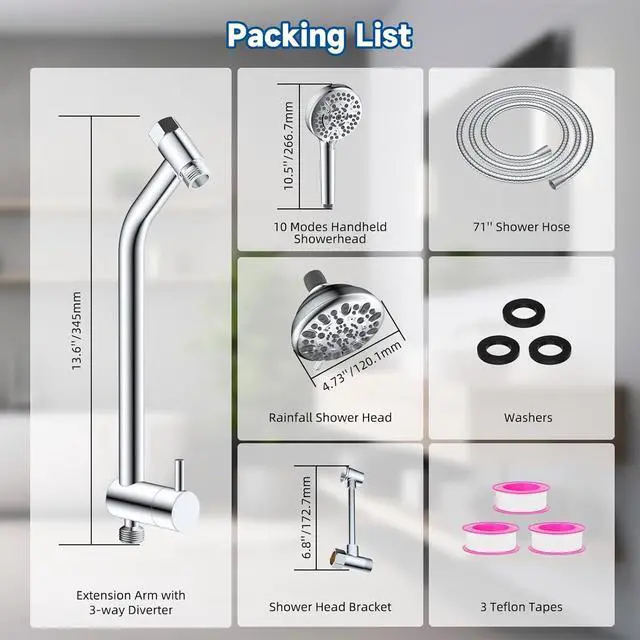 Alt view image 7 of 7 - Metal Dual Shower Head Easy Reach, High Pressure 10-Spray Handheld Showerhead Rainfall Shower Head Combo with 11" Shower Extension Arm, 71" Hose, 3-way Diverter, Brass Shower Holder, Chrome