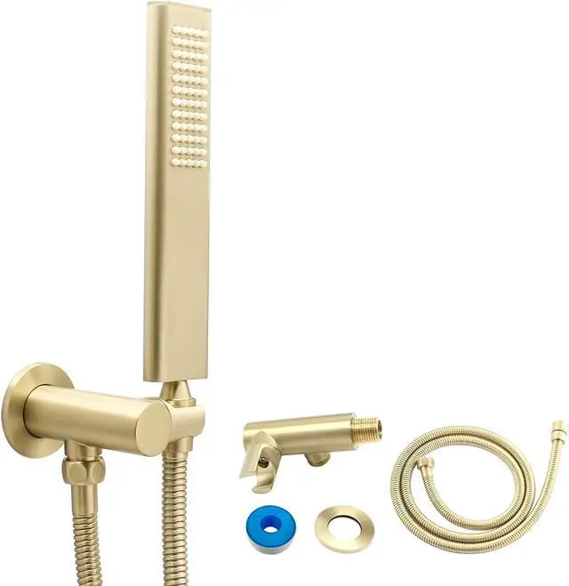 Main image of Solid Brass Handheld Shower Head Arc Design High Pressure Brushed Gold Hand Shower Wand with Adjustable Supply Elbow Wall Connector Shower Holder and 59 Stainless Steel Hose Set