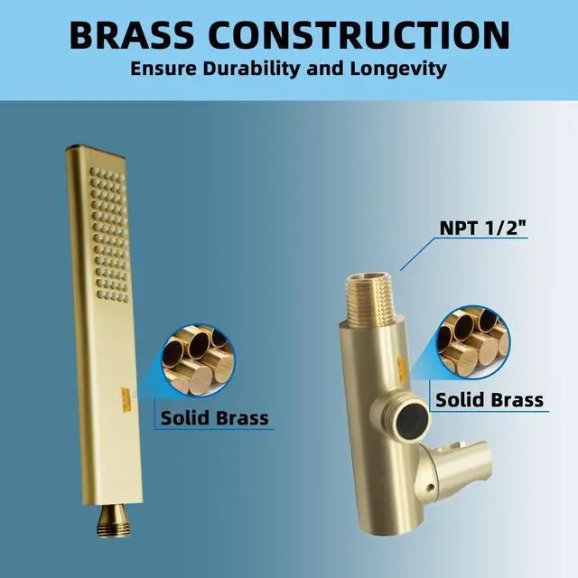 Alt view image 3 of 7 - Solid Brass Handheld Shower Head Arc Design High Pressure Brushed Gold Hand Shower Wand with Adjustable Supply Elbow Wall Connector Shower Holder and 59 Stainless Steel Hose Set