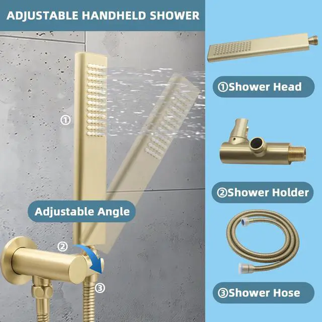 Alt view image 4 of 7 - Solid Brass Handheld Shower Head Arc Design High Pressure Brushed Gold Hand Shower Wand with Adjustable Supply Elbow Wall Connector Shower Holder and 59 Stainless Steel Hose Set