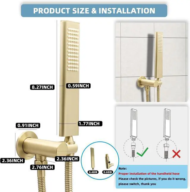 Alt view image 5 of 7 - Solid Brass Handheld Shower Head Arc Design High Pressure Brushed Gold Hand Shower Wand with Adjustable Supply Elbow Wall Connector Shower Holder and 59 Stainless Steel Hose Set