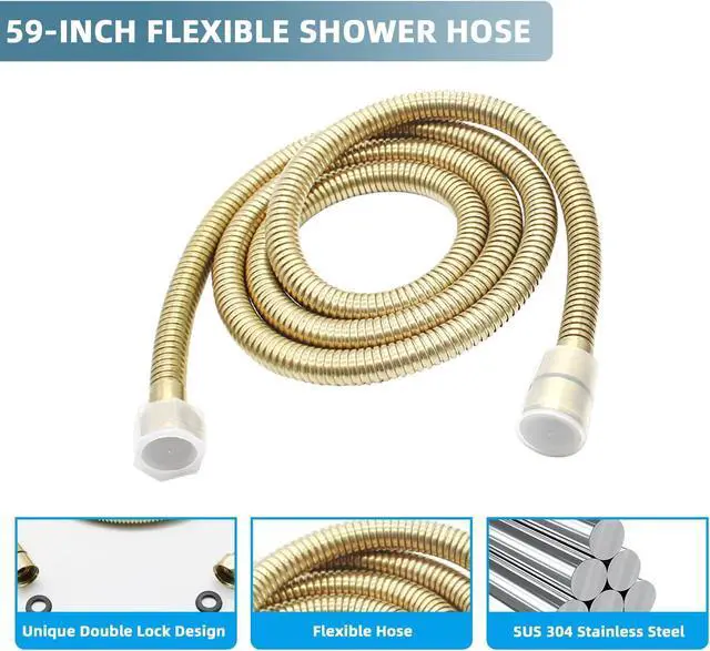 Alt view image 6 of 7 - Solid Brass Handheld Shower Head Arc Design High Pressure Brushed Gold Hand Shower Wand with Adjustable Supply Elbow Wall Connector Shower Holder and 59 Stainless Steel Hose Set