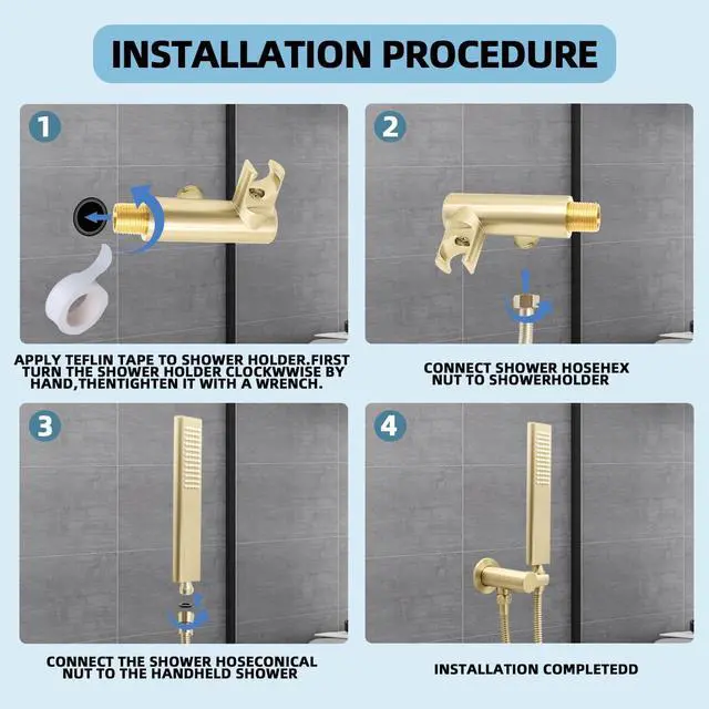 Alt view image 7 of 7 - Solid Brass Handheld Shower Head Arc Design High Pressure Brushed Gold Hand Shower Wand with Adjustable Supply Elbow Wall Connector Shower Holder and 59 Stainless Steel Hose Set