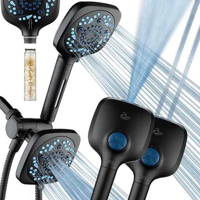 Main image of 6-way High Pressure 82 Spray Mode Filtered Showerhead Combo - Handheld Shower Head Filters Chlorine to Heal Dry Skin, Revive Hair - Dual Power Wash Cleans Tub, Tile, Pets - Hard Water Softener, Black