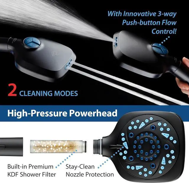 Alt view image 5 of 7 - 6-way High Pressure 82 Spray Mode Filtered Showerhead Combo - Handheld Shower Head Filters Chlorine to Heal Dry Skin, Revive Hair - Dual Power Wash Cleans Tub, Tile, Pets - Hard Water Softener, Black
