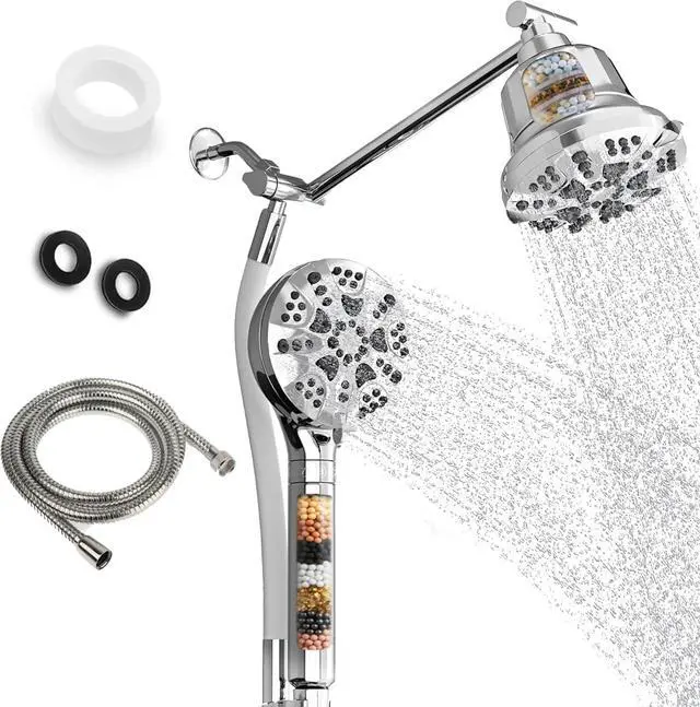 Main image of AQUAZEN® Dual Filtered Shower Head Combo | Rainfall + Handheld | 6 Spray Modes | High Pressure | Flexible Mount | Hard Water Filtration | 60" Hose | Chrome Finish