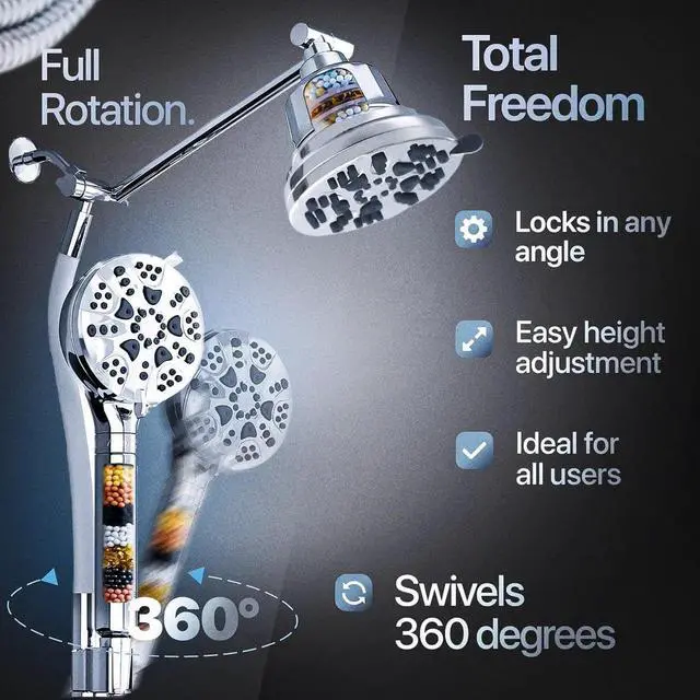 Alt view image 2 of 7 - AQUAZEN® Dual Filtered Shower Head Combo | Rainfall + Handheld | 6 Spray Modes | High Pressure | Flexible Mount | Hard Water Filtration | 60" Hose | Chrome Finish