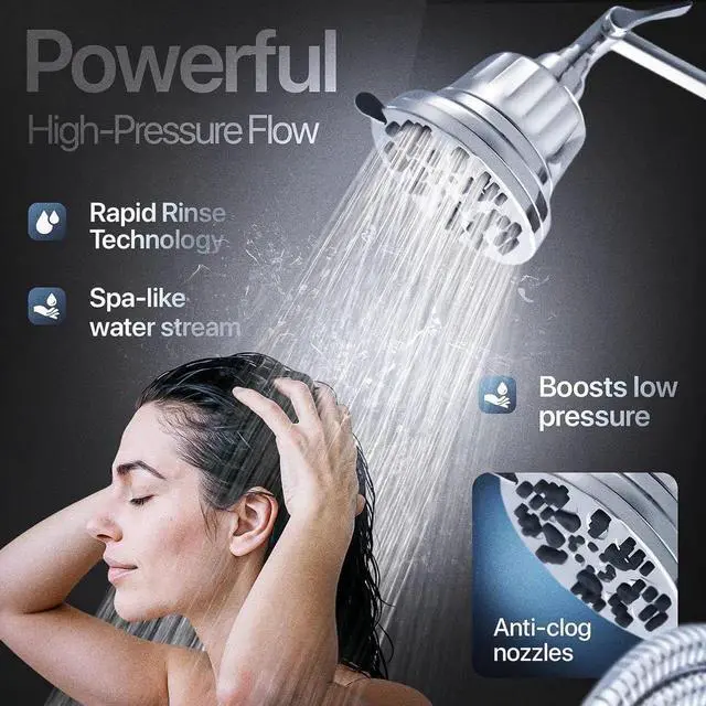 Alt view image 4 of 7 - AQUAZEN® Dual Filtered Shower Head Combo | Rainfall + Handheld | 6 Spray Modes | High Pressure | Flexible Mount | Hard Water Filtration | 60" Hose | Chrome Finish