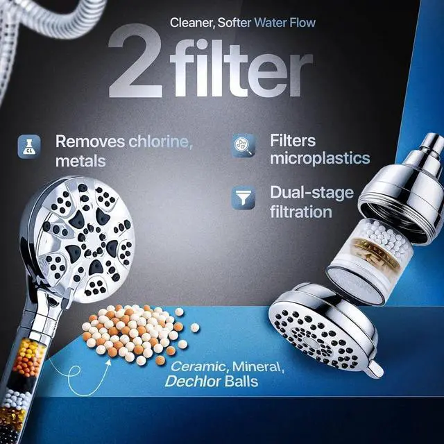 Alt view image 5 of 7 - AQUAZEN® Dual Filtered Shower Head Combo | Rainfall + Handheld | 6 Spray Modes | High Pressure | Flexible Mount | Hard Water Filtration | 60" Hose | Chrome Finish