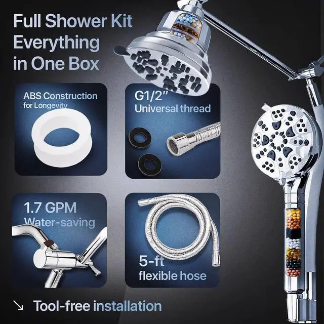 Alt view image 7 of 7 - AQUAZEN® Dual Filtered Shower Head Combo | Rainfall + Handheld | 6 Spray Modes | High Pressure | Flexible Mount | Hard Water Filtration | 60" Hose | Chrome Finish