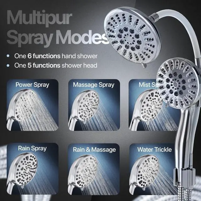 Alt view image 2 of 7 - AQUAZEN® Dual Shower Head Combo | Adjustable Rainfall + Handheld Shower | 6 Spray Modes Each | Flexible Mount & Swivel Heads | 5ft Stainless Steel Hose | Premium Chrome Finish | Fits All US Showers