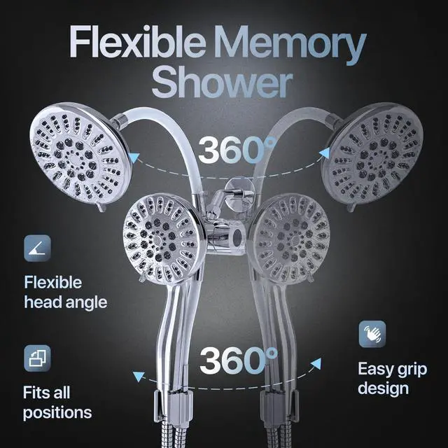Alt view image 5 of 7 - AQUAZEN® Dual Shower Head Combo | Adjustable Rainfall + Handheld Shower | 6 Spray Modes Each | Flexible Mount & Swivel Heads | 5ft Stainless Steel Hose | Premium Chrome Finish | Fits All US Showers