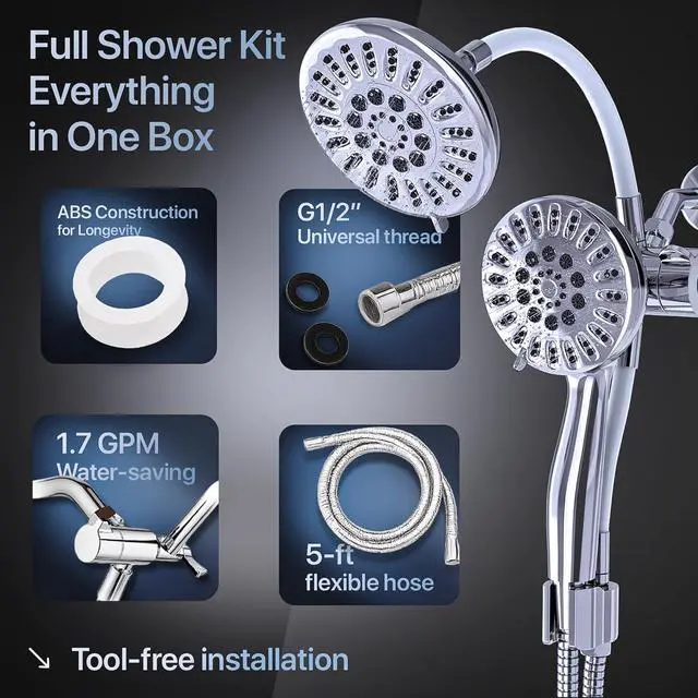 Alt view image 6 of 7 - AQUAZEN® Dual Shower Head Combo | Adjustable Rainfall + Handheld Shower | 6 Spray Modes Each | Flexible Mount & Swivel Heads | 5ft Stainless Steel Hose | Premium Chrome Finish | Fits All US Showers