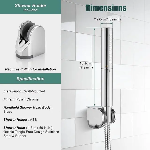 Alt view image 3 of 7 - Heyalan Brass 2 in1 Function Handheld Spray Hand Shower High Pressure Handheld Sprinklert Shower Wand with Shower Hose and ABS Hand Shower Holder, Polished Chrome