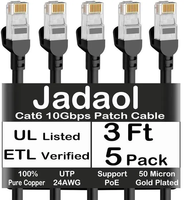 Main image of Jadaol Cat6 Ethernet Patch Cables 3ft 5-Pack, 10Gbps 24AWG Pure Copper RJ45 Cat6a Patch Cable, Support Cat8/7 Network, Outdoor&Indoor Rated for Patch Panel to Switch, Server, Router, Modem, PC - Black