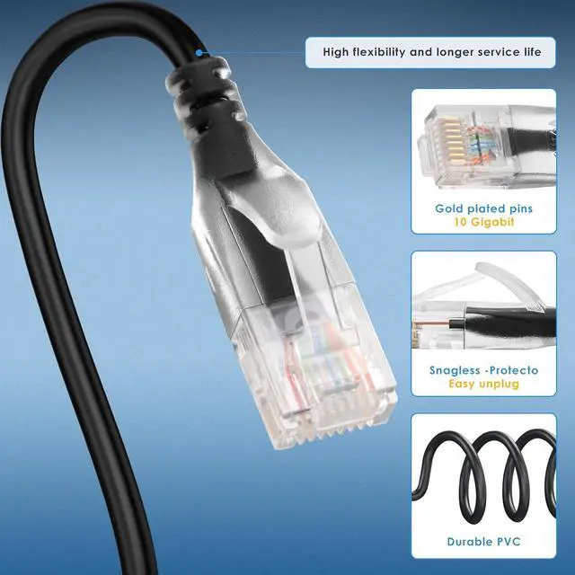 Alt view image 4 of 6 - Patch Cables Cat6a 1ft (10 Pack) Slim, Cat6a Patch Cable 10G Pure Bare Copper Snagless RJ45 Network Patch Cables,for Home and Enterprise Network -Black