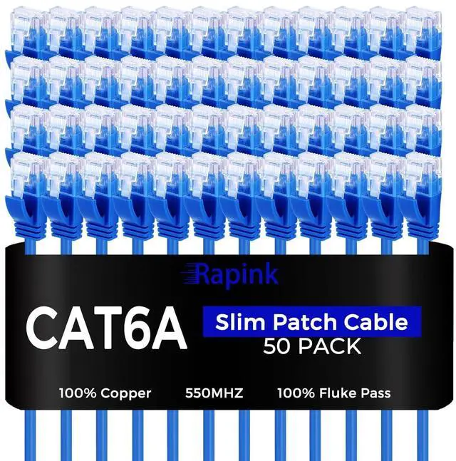 Main image of Rapink Patch Cables Cat6a 1ft (50 Pack) Slim, Cat6a Ethernet Patch Cable 10G Support, Snagless Cat 6 Patch Cable for Patch Panel to Switch, Flexiable Cat 6a Ethernet Cable with Gold Plated