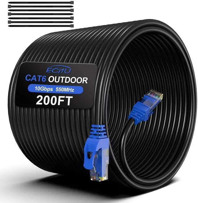 Main image of 200FT Cat6 Outdoor Ethernet Cable, In-Ground, Heavy Duty Direct Burial, 24AWG CCA Patch Cord, POE, UTP, Waterproof, LLDPE UV Resistant, Network, Internet, LAN, Cat 6 Cable 200 Feet with 25 Cable Ties