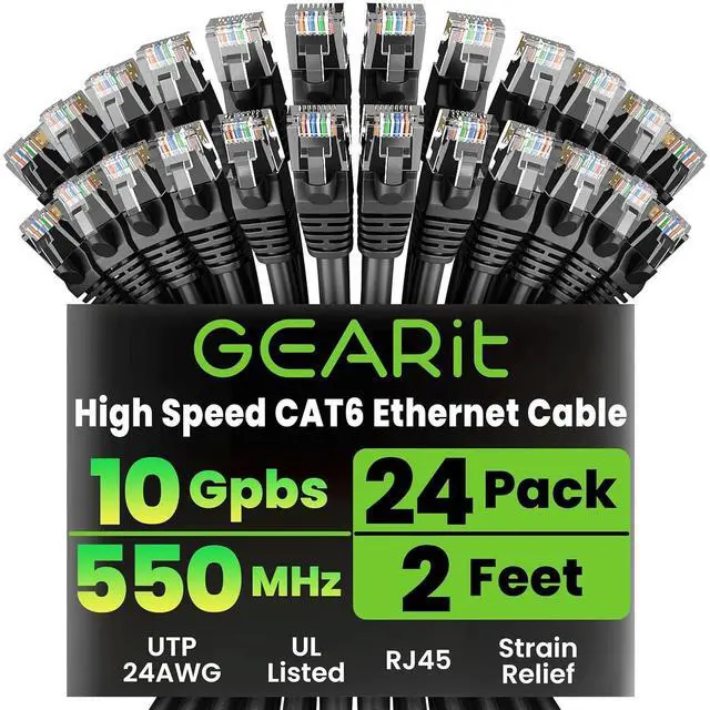 Main image of GearIT Cat 6 Ethernet Cable Pack - 24-Pack 2 ft Cat6 Ethernet Patch Cables | RJ45 Network Patch Cable, 10 Gbps Snagless Gold-Plated Connectors - Ethernet Cable Cat 6 for PC, TV, Router - Black