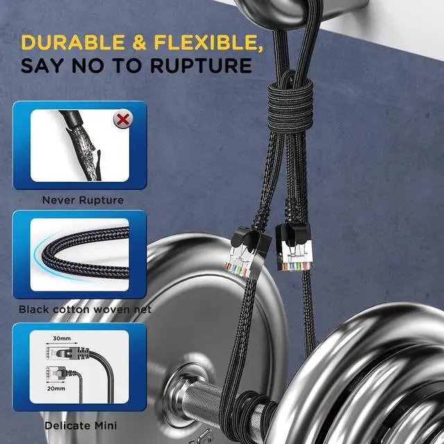 Alt view image 4 of 7 - 2Pack Nylon Braided Ultra Slim Cat6a Ethernet Short Cable 6 feet, LAN Super Light Cord, High Speed 10G Network Patch Cable, Internet Wire for PC,Router,Modem,TV,PS4/5,Xbox, Black