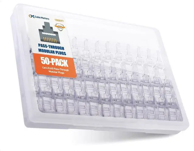 Main image of Cable Matters 50-Pack Cat 6 Pass Through RJ45 Connectors, 50µ Gold Plated (Cat 6 Ends / Cat6 Connector /RJ45 Modular Plugs/Ethernet Plugs/Network Connector) for Solid or Stranded UTP Ethernet Cable