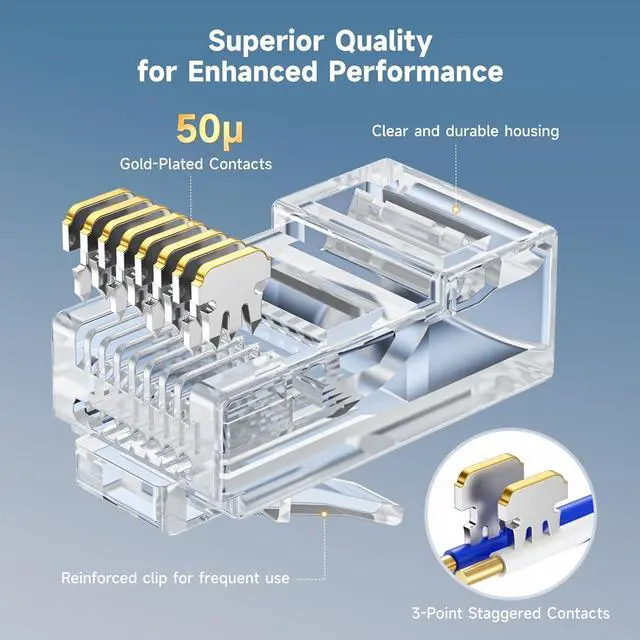 Alt view image 4 of 6 - Cable Matters 50-Pack Cat 6 Pass Through RJ45 Connectors, 50µ Gold Plated (Cat 6 Ends / Cat6 Connector /RJ45 Modular Plugs/Ethernet Plugs/Network Connector) for Solid or Stranded UTP Ethernet Cable