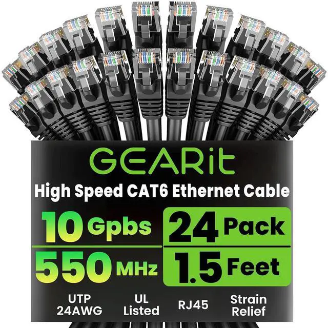 Main image of GearIT Cat 6 Ethernet Cable Pack - 24-Pack 1.5 ft Cat6 Ethernet Patch Cables | RJ45 Network Patch Cable, 10 Gbps Snagless Gold-Plated Connectors - Ethernet Cable Cat 6 for PC, TV, Router - Black