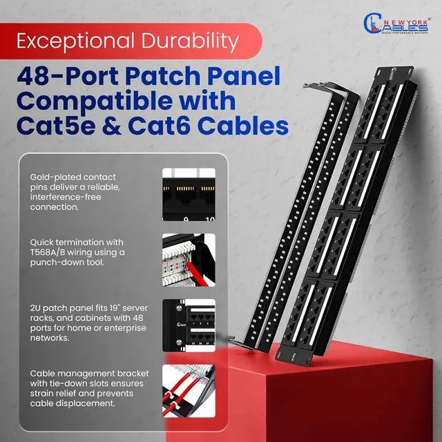 Alt view image 4 of 6 - NewYork Cables 48 Port Cat6 Patch Panel  10Gb Ethernet, 2U Rackmount 19-Inch, Color-Coded T568A/B Labels, Unshielded, 110/Krone Compatible, Black