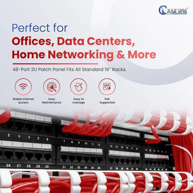 Alt view image 6 of 6 - NewYork Cables 48 Port Cat6 Patch Panel  10Gb Ethernet, 2U Rackmount 19-Inch, Color-Coded T568A/B Labels, Unshielded, 110/Krone Compatible, Black