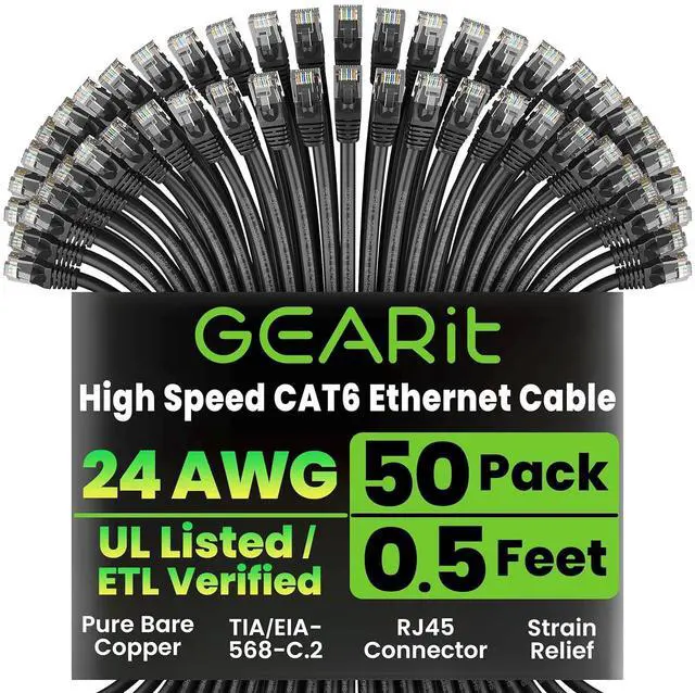 Main image of GEARit Cat 6 Ethernet Cable Pack - 50-Pack 0.5 ft Cat6 Ethernet Patch Cables | RJ45 Network Patch Cable, 10 Gbps Snagless Gold-Plated Connectors - Ethernet Cable Cat 6 for PC, TV, Router - Black