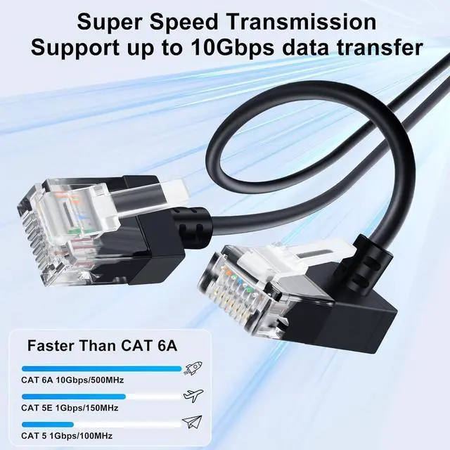 Alt view image 2 of 7 - Cat6A Ethernet Cable 90 Degree Up Angled 15FT, Flexible Slim & Ultra Thin Cat6 Rj45 Ethernet Patch LAN Cord up to High Speed 10Gbps 550MHz for PC, Router, Printer, Modem (Black)