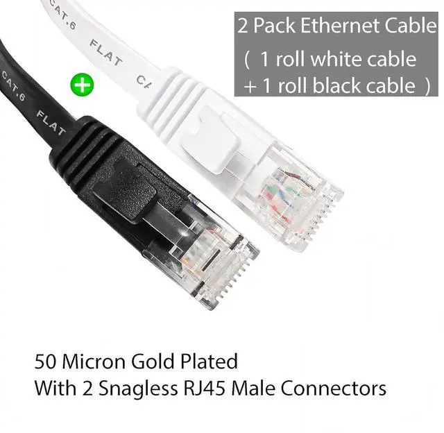 Alt view image 2 of 7 - Ethernet Cable 100 ft 2 Pack Cat 6 Flat Cable Ethernet Cord, Slim Long Cat6 High Speed Computer Router Network LAN Patch Wire with Clips & Rj45,Faster Than Cat5e/Cat5,100 feet White+Black Cable