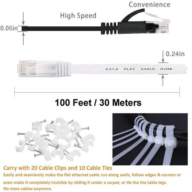 Alt view image 3 of 7 - Ethernet Cable 100 ft 2 Pack Cat 6 Flat Cable Ethernet Cord, Slim Long Cat6 High Speed Computer Router Network LAN Patch Wire with Clips & Rj45,Faster Than Cat5e/Cat5,100 feet White+Black Cable