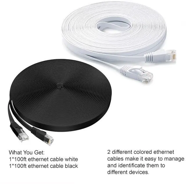Alt view image 4 of 7 - Ethernet Cable 100 ft 2 Pack Cat 6 Flat Cable Ethernet Cord, Slim Long Cat6 High Speed Computer Router Network LAN Patch Wire with Clips & Rj45,Faster Than Cat5e/Cat5,100 feet White+Black Cable