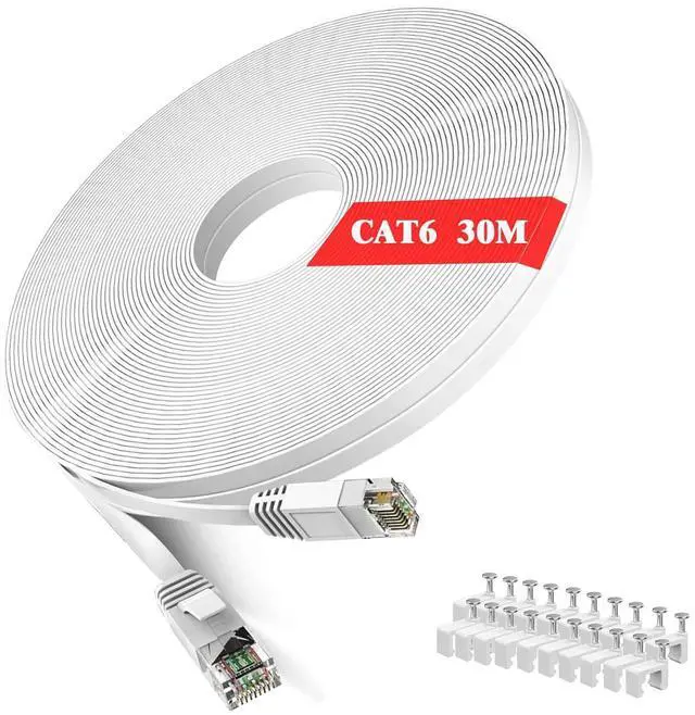 Main image of Cat 6 Ethernet Cable 100 ft White - Flat Internet Network LAN Patch Cords  Solid Cat6 High Speed Computer Wire with Clips& Snagless Rj45 Connectors for Modem, Router  Faster Than Cat5e/Cat5