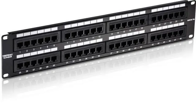 Main image of TRENDnet 48-Port Cat5/5e Unshielded Patch Panel, TC-P48C5E, 2U 19 inch Rackmount Design or Wall Mount, Cable Management, NDAA Compliant, 48 x Gigabit RJ-45 Ports