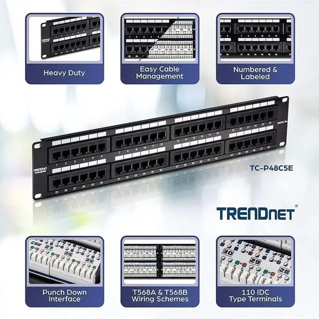 Alt view image 2 of 7 - TRENDnet 48-Port Cat5/5e Unshielded Patch Panel, TC-P48C5E, 2U 19 inch Rackmount Design or Wall Mount, Cable Management, NDAA Compliant, 48 x Gigabit RJ-45 Ports