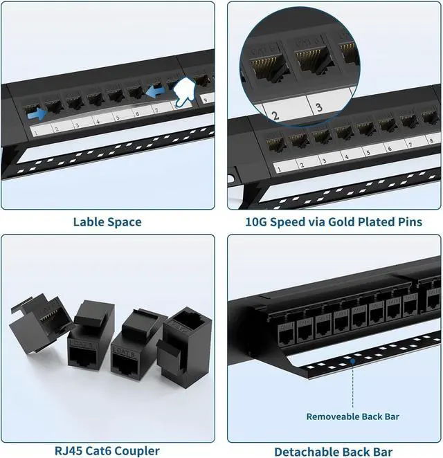 Alt view image 5 of 7 - CableGeeker Cat6 Patch Panel 24 Port with Inline Keystone, 10G Ethernet Support, 1U Network Patch Panel UTP 19-Inch with Removable Back Bar, Compatible with Cat6, Cat5e, Cat5 Rackmount Cabling