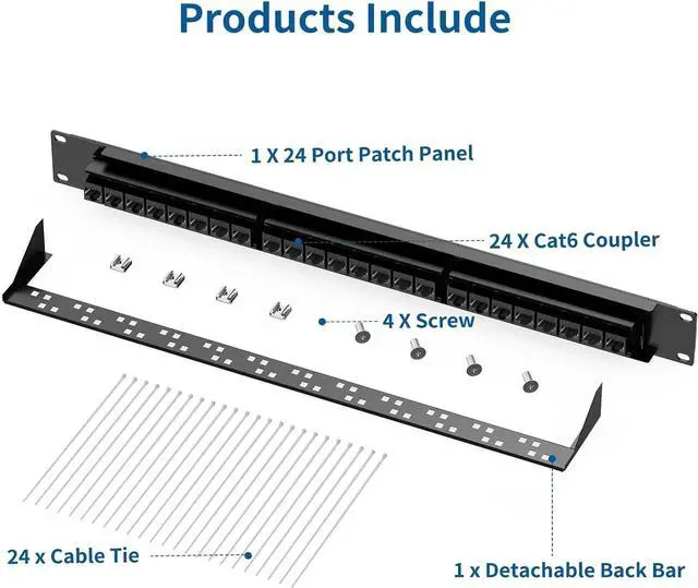 Alt view image 7 of 7 - CableGeeker Cat6 Patch Panel 24 Port with Inline Keystone, 10G Ethernet Support, 1U Network Patch Panel UTP 19-Inch with Removable Back Bar, Compatible with Cat6, Cat5e, Cat5 Rackmount Cabling