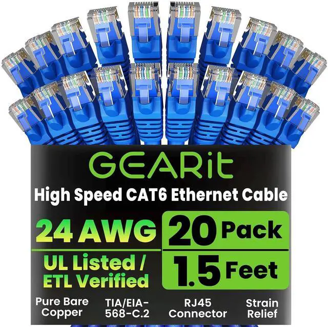 Main image of GearIT Cat 6 Ethernet Cable Pack - 20-Pack 1.5 ft Cat6 Ethernet Patch Cables | RJ45 Network Patch Cable, 10 Gbps Snagless Gold-Plated Connectors - Ethernet Cable Cat 6 for PC, TV, Router - Blue