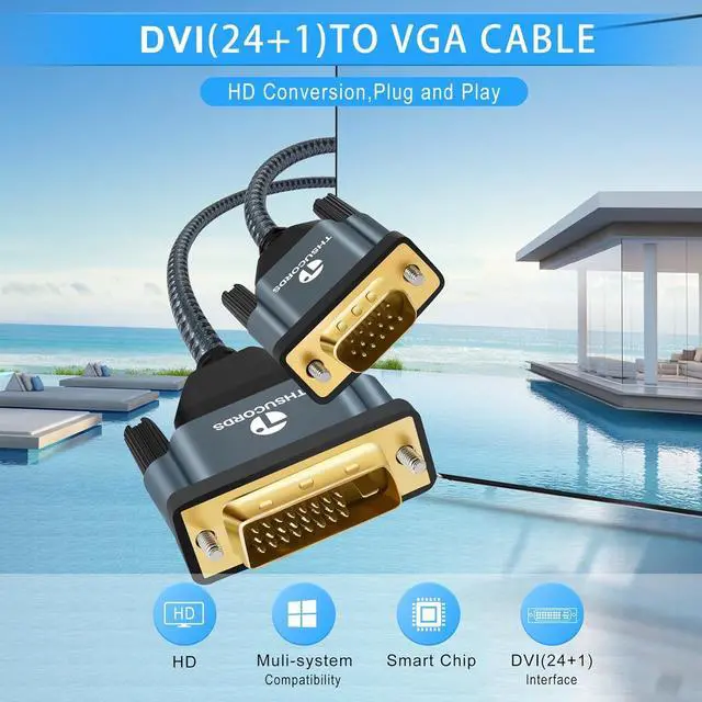 Alt view image 3 of 7 - DVI to VGA Cable 3.3FT, Uni-Directional DVI-D to VGA Adapter Male to Male Gold-Plated Braided 1080P Full HD Cord for HDTV, PC,Laptop, Monitor, Projector