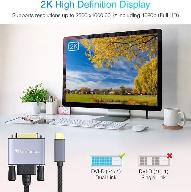 Alt view image 2 of 7 - BlueRigger USB C to DVI Cable (10FT, 4K 30Hz, USB 3.1 Type C to DVI, Thunderbolt 3 to DVI) USB-C to DVI-D Cable Compatible with Samsung Galaxy, Surface Book, MacBook Pro, Dell, Pixelbook and More